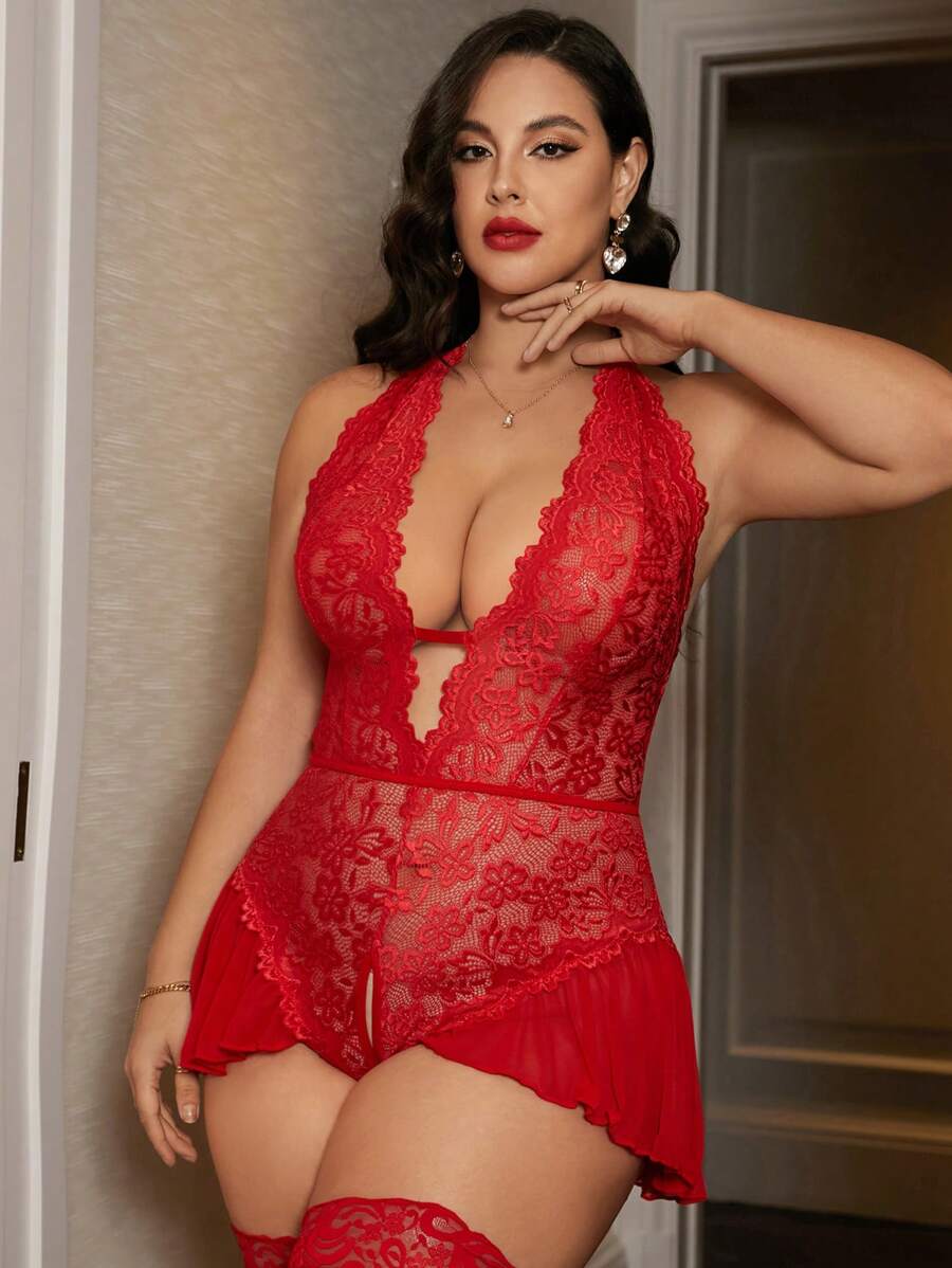 Plus Size Floral Lace Ruffle Hem Teddy Bodysuit