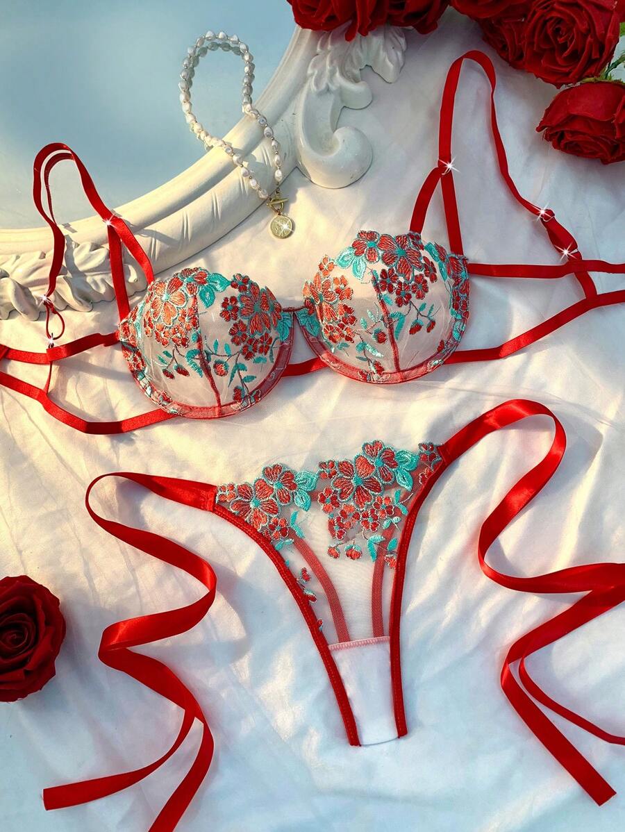 Sky Blue Embroidered Strap Lingerie Set – 2 Pieces