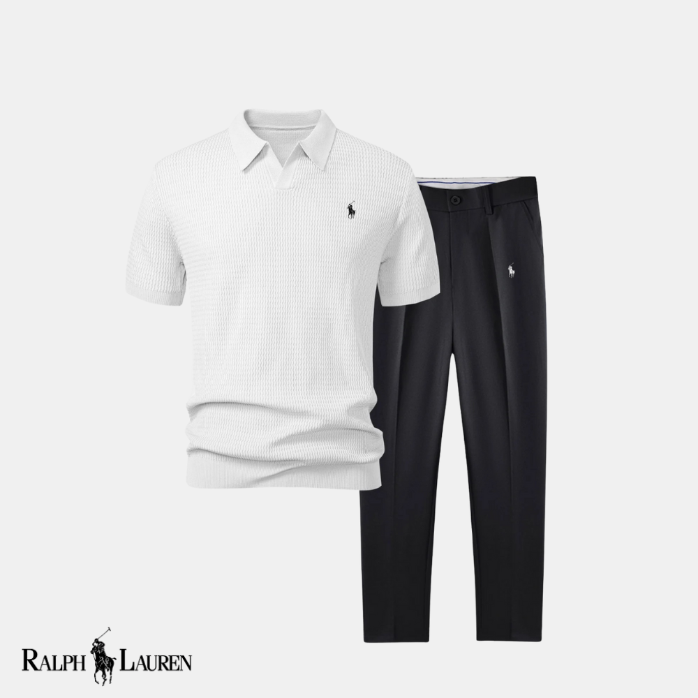 R & L™ “Wave & Tailor” Set: Textured V-Neck Polo + Slim-Fit Tapered Trousers