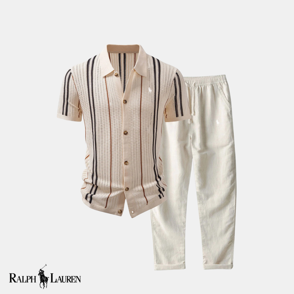 R & L™ “Breeze & Texture” Set: Stripe Eyelet Knit Shirt + Straight-Leg Linen Pants