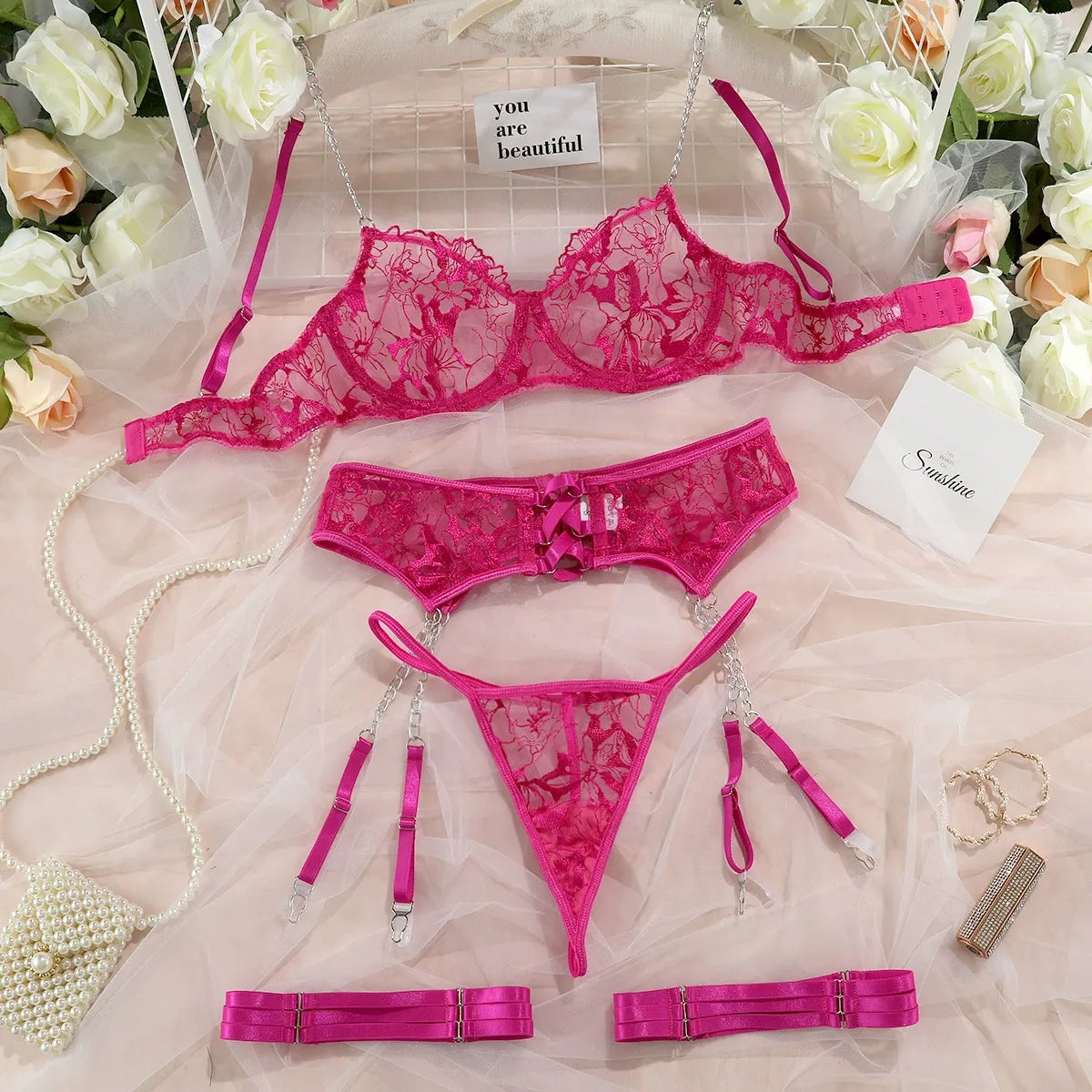Zaavix™ – Mesh Embroidery Chain Four-Piece Lingerie Set