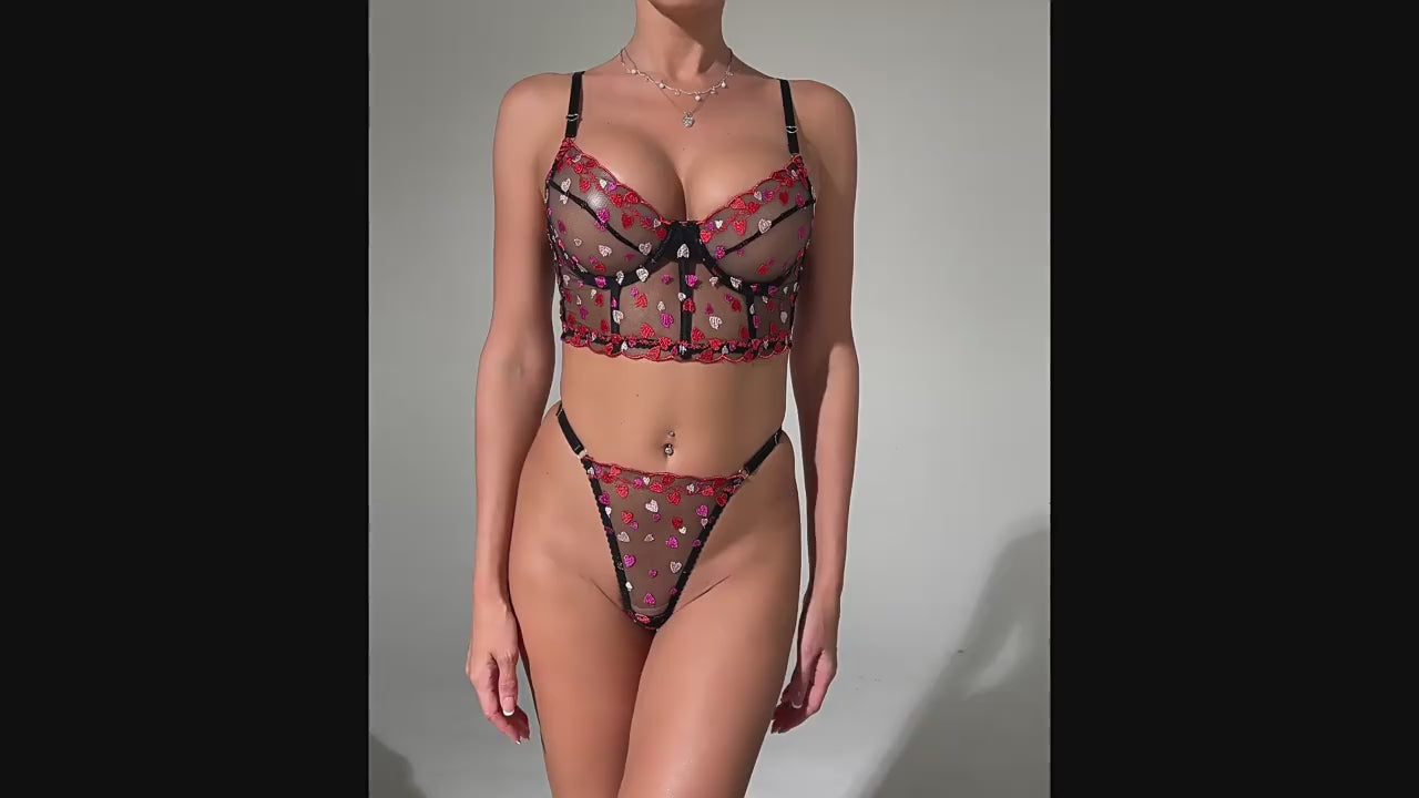Zaavix™ – Heart Embroidery Lace Mesh Bra Set